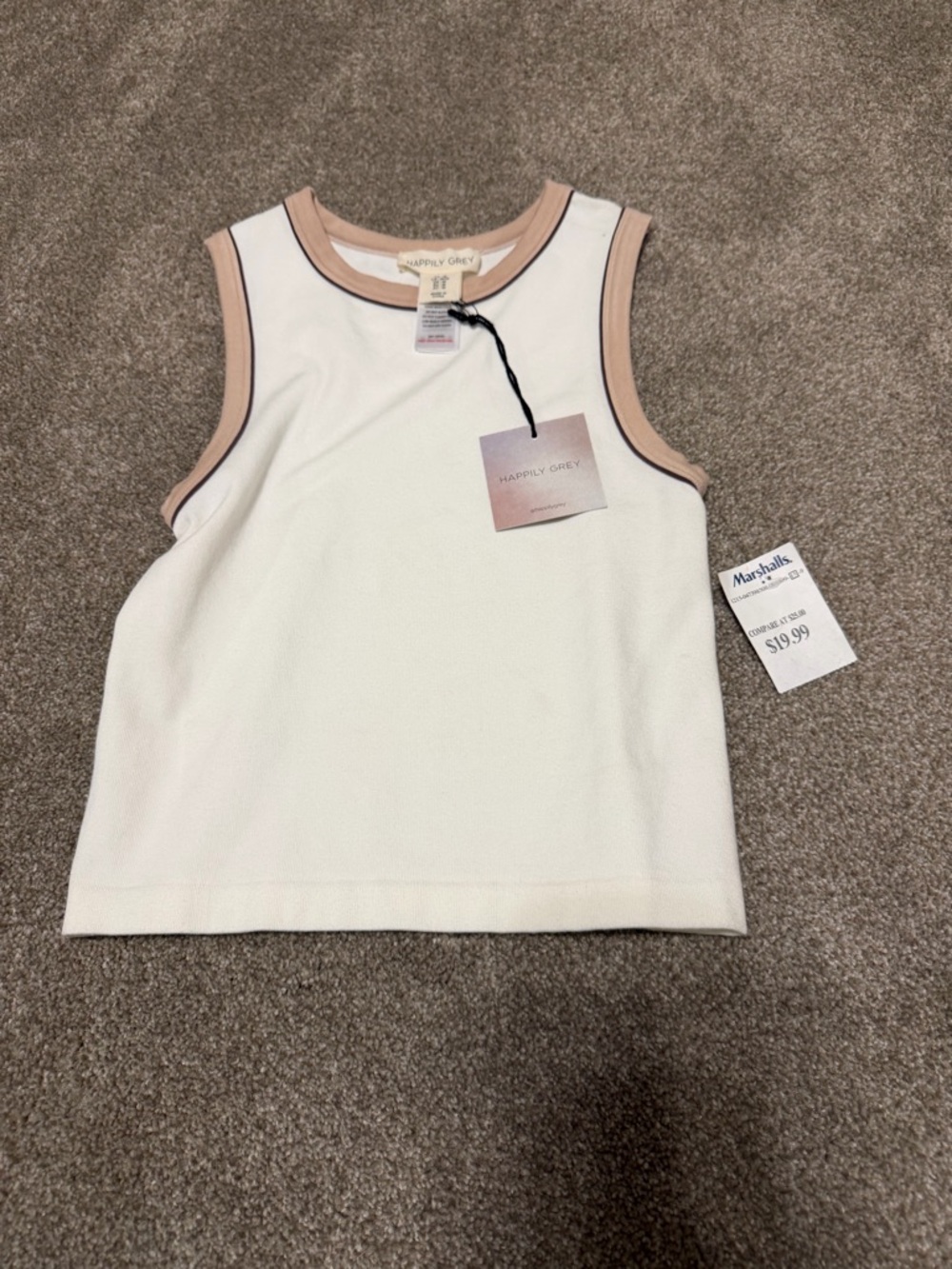 Happily Grey Cream Tank Top with Tan Trim